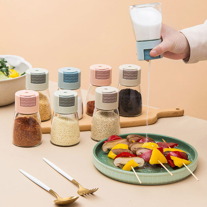 Multifarvede glas salt- og peberkværne med farverige låg, 180ml kapacitet til opbevaring af køkkenkrydderier