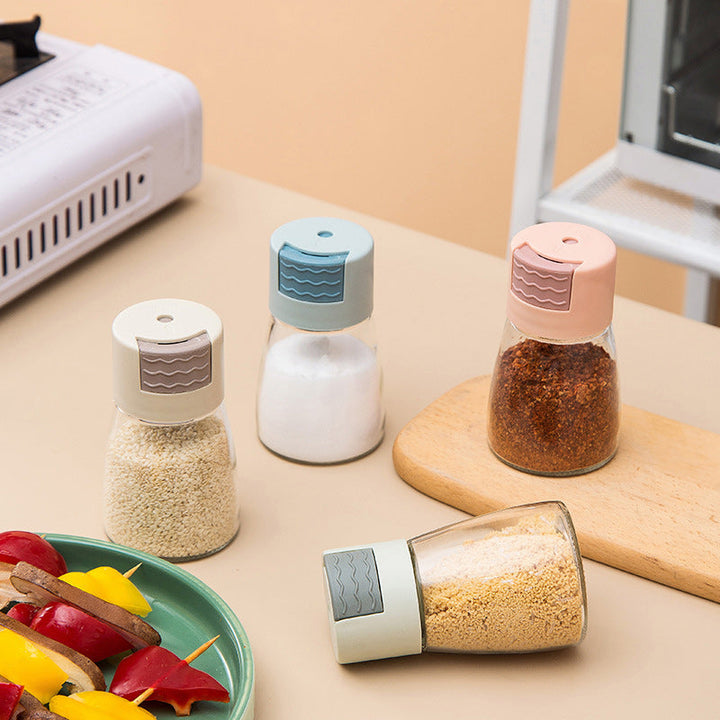 Multifarvede glas salt- og peberkværne med farverige låg, 180ml kapacitet til opbevaring af køkkenkrydderier