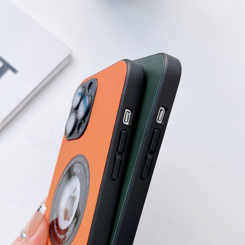 Multifarvet magnetisk opladercover til iPhone, der kombinerer stilfuldt silikone og læder med problemfri beskyttelse.
