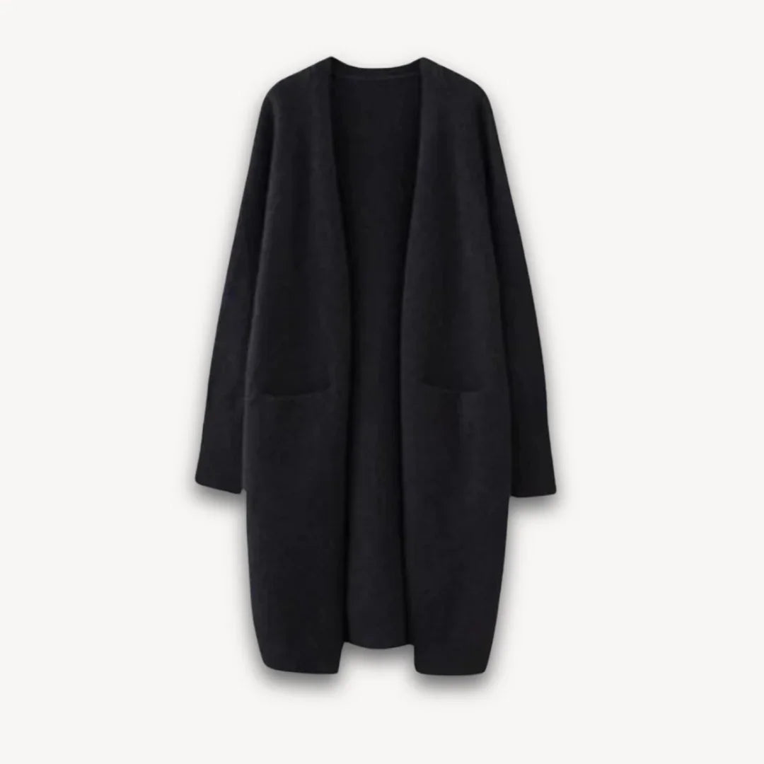 Dame lang, flerfarvet, åben strikket cardigan uden lukning og med lige ærmer, perfekt til lag-på-lag.