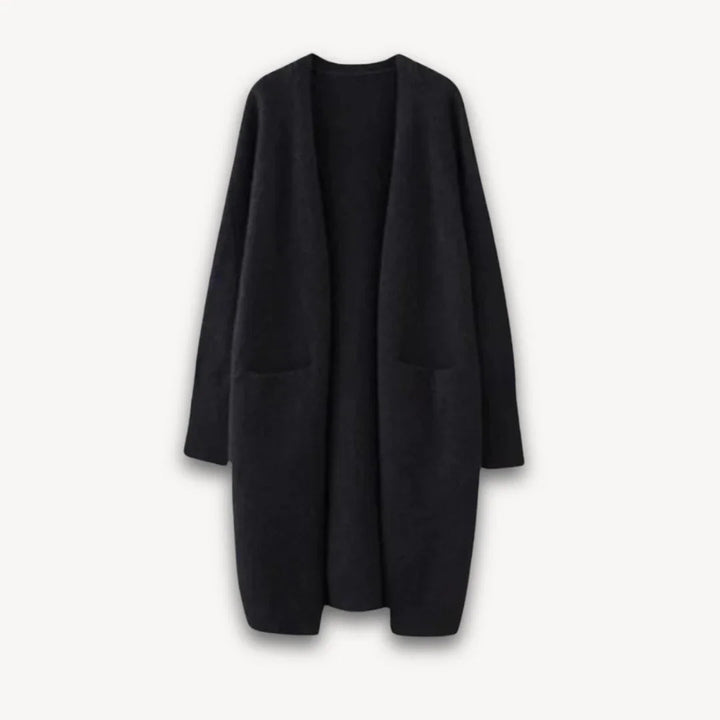 Dame lang, flerfarvet, åben strikket cardigan uden lukning og med lige ærmer, perfekt til lag-på-lag.