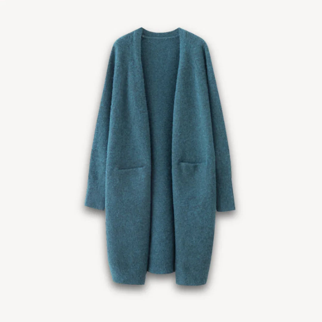 Dame lang, flerfarvet, åben strikket cardigan uden lukning og med lige ærmer, perfekt til lag-på-lag.