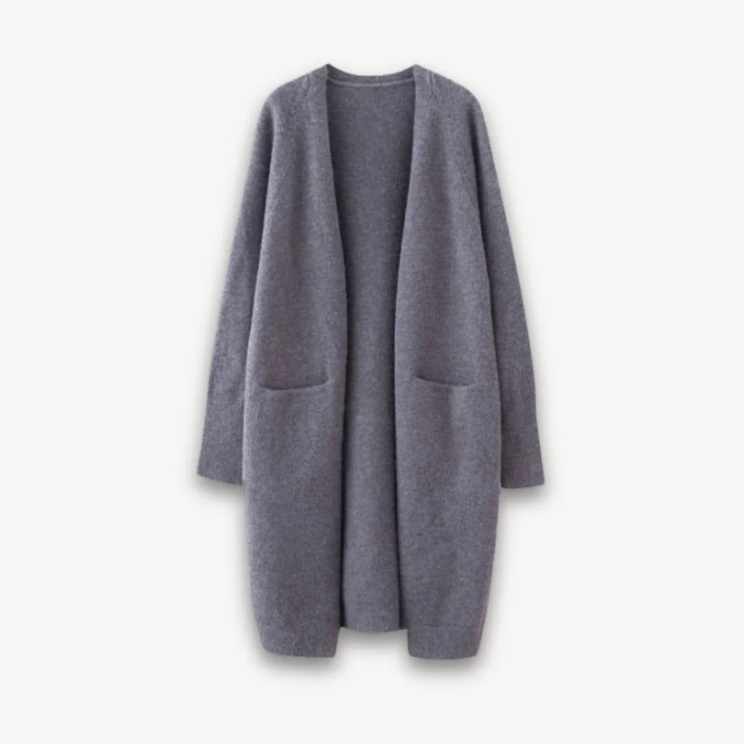 Dame lang, flerfarvet, åben strikket cardigan uden lukning og med lige ærmer, perfekt til lag-på-lag.