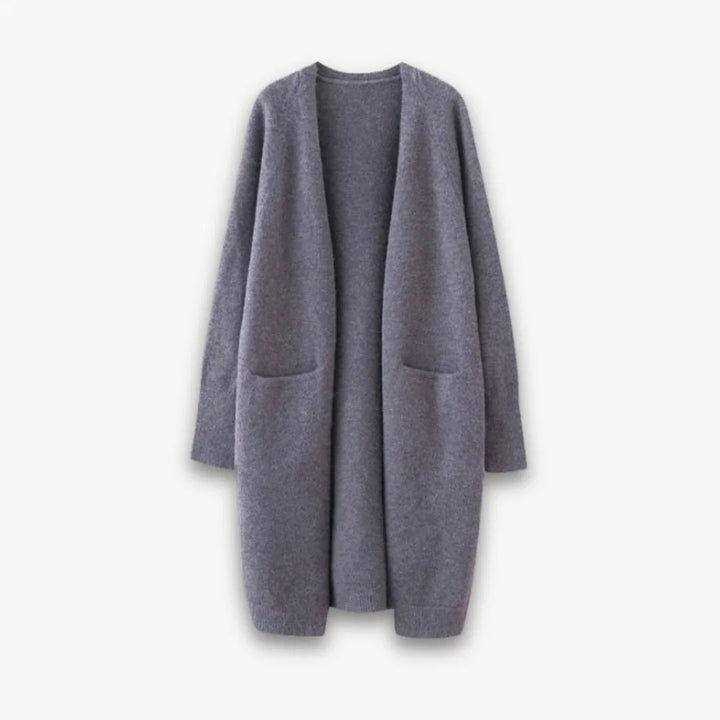Dame lang, flerfarvet, åben strikket cardigan uden lukning og med lige ærmer, perfekt til lag-på-lag.