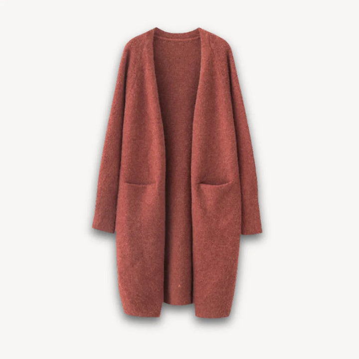 Dame lang, flerfarvet, åben strikket cardigan uden lukning og med lige ærmer, perfekt til lag-på-lag.