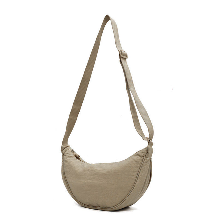 Flerfarvet halvrund taske med lynlås, dames modeaccessory, moderne nylon skuldertaske til hverdagsbrug.