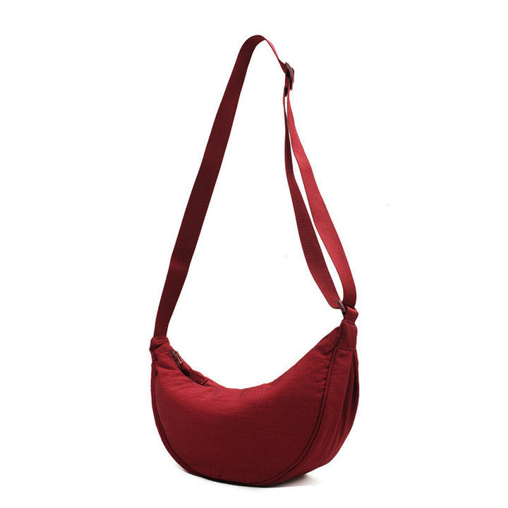 Flerfarvet halvrund taske med lynlås, dames modeaccessory, moderne nylon skuldertaske til hverdagsbrug.