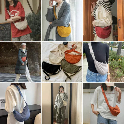 Flerfarvet halvrund taske med lynlås, dames modeaccessory, moderne nylon skuldertaske til hverdagsbrug.