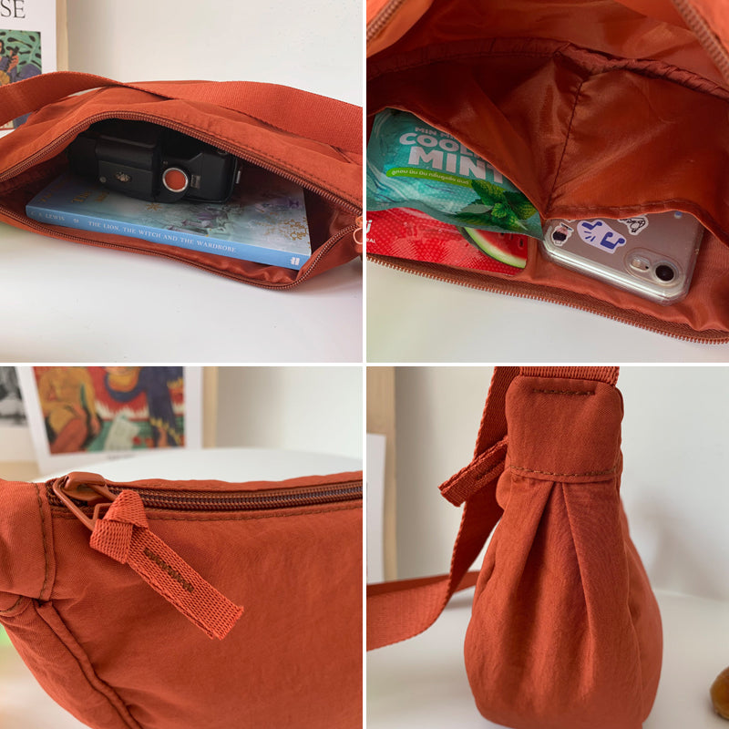Flerfarvet halvrund taske med lynlås, dames modeaccessory, moderne nylon skuldertaske til hverdagsbrug.