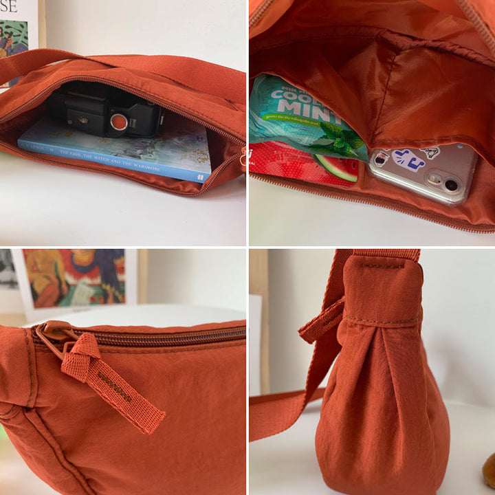 Flerfarvet halvrund taske med lynlås, dames modeaccessory, moderne nylon skuldertaske til hverdagsbrug.