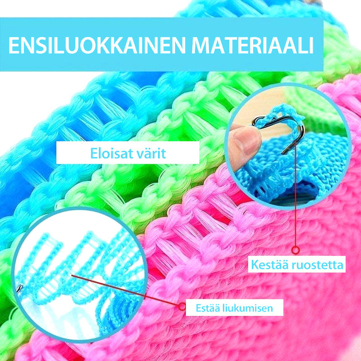 Farverig tørresnor til udendørs brug; blå, grøn, pink, 5 m lang, kroge til fastgørelse, holdbar.