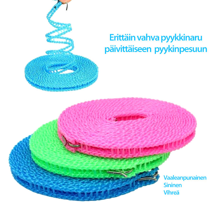 Farverig tørresnor til udendørs brug; blå, grøn, pink, 5 m lang, kroge til fastgørelse, holdbar.