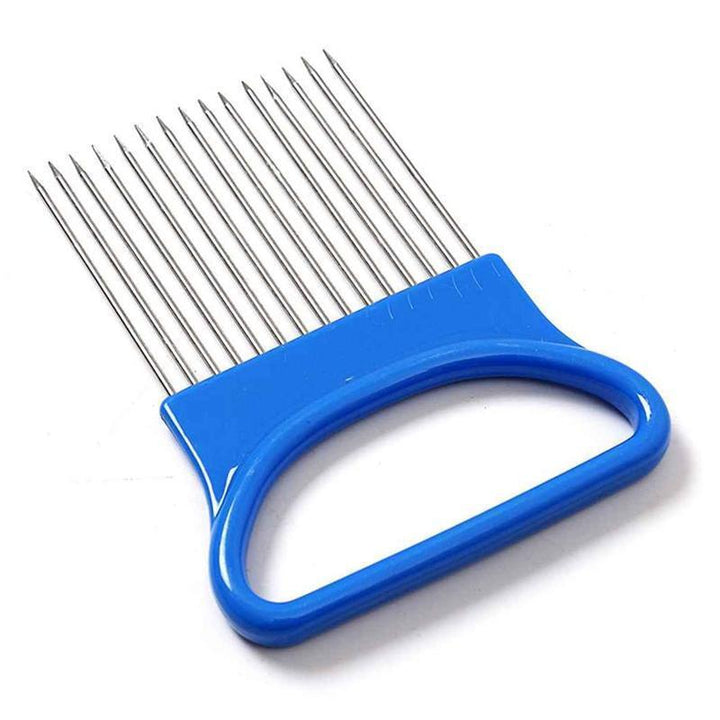 Multifarvet løgskærer, rustfrit stål, hvid, blå, grøn, orange, ergonomisk greb, køkkenredskab til hjemmet.