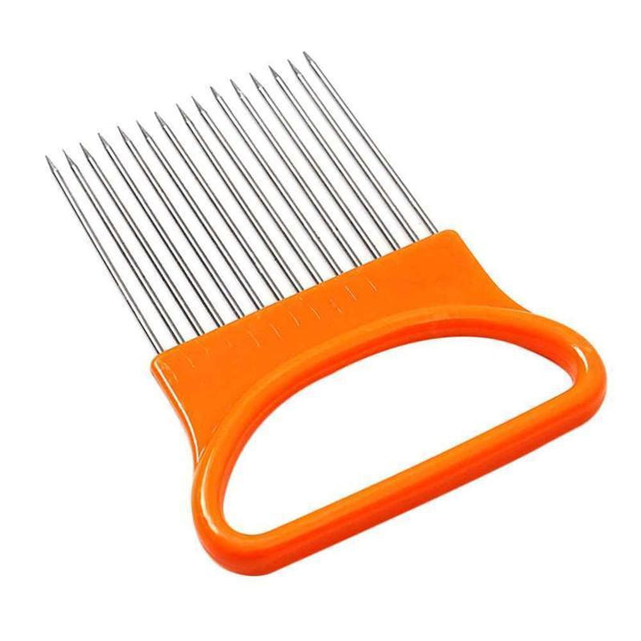Multifarvet løgskærer, rustfrit stål, hvid, blå, grøn, orange, ergonomisk greb, køkkenredskab til hjemmet.