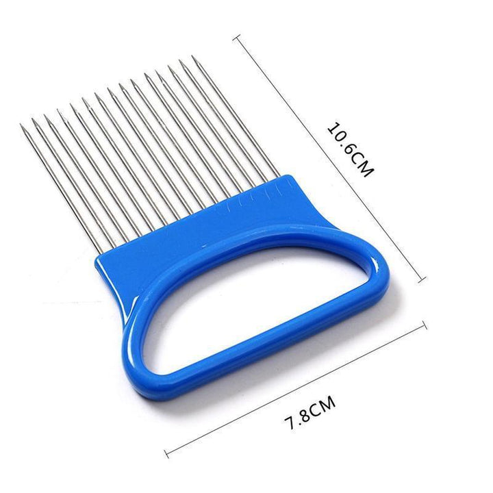 Multifarvet løgskærer, rustfrit stål, hvid, blå, grøn, orange, ergonomisk greb, køkkenredskab til hjemmet.