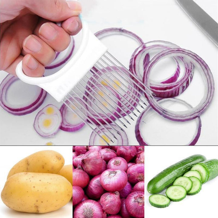 Multifarvet løgskærer, rustfrit stål, hvid, blå, grøn, orange, ergonomisk greb, køkkenredskab til hjemmet.