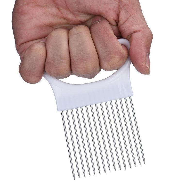 Multifarvet løgskærer, rustfrit stål, hvid, blå, grøn, orange, ergonomisk greb, køkkenredskab til hjemmet.