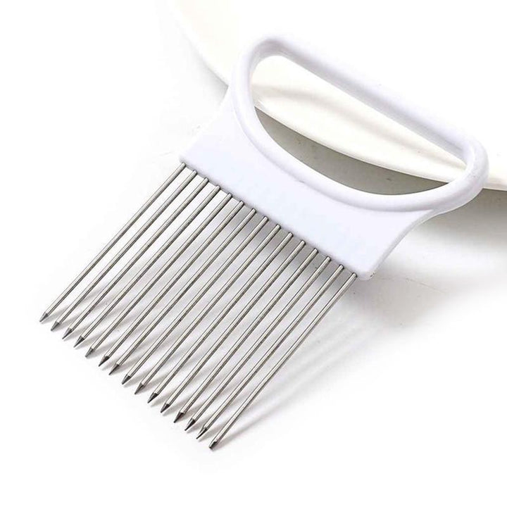 Multifarvet løgskærer, rustfrit stål, hvid, blå, grøn, orange, ergonomisk greb, køkkenredskab til hjemmet.