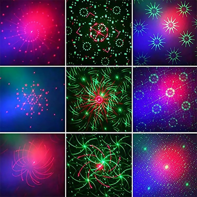 "Moniväriset LED laservalot sisä- ja ulkokäyttöön, punainen, vihreä, sininen sädekuviot, kaukosäätö, luo maagisen tunnelman."