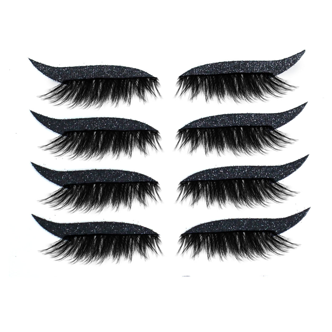 Moniväriset eyeliner- ja ripsitarrat aseteltuina kauniisti. Näyttävät, uudelleenkäytettävät, vedenkestävät ja unisex.