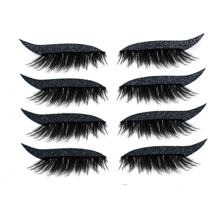 Moniväriset eyeliner- ja ripsitarrat aseteltuina kauniisti. Näyttävät, uudelleenkäytettävät, vedenkestävät ja unisex.