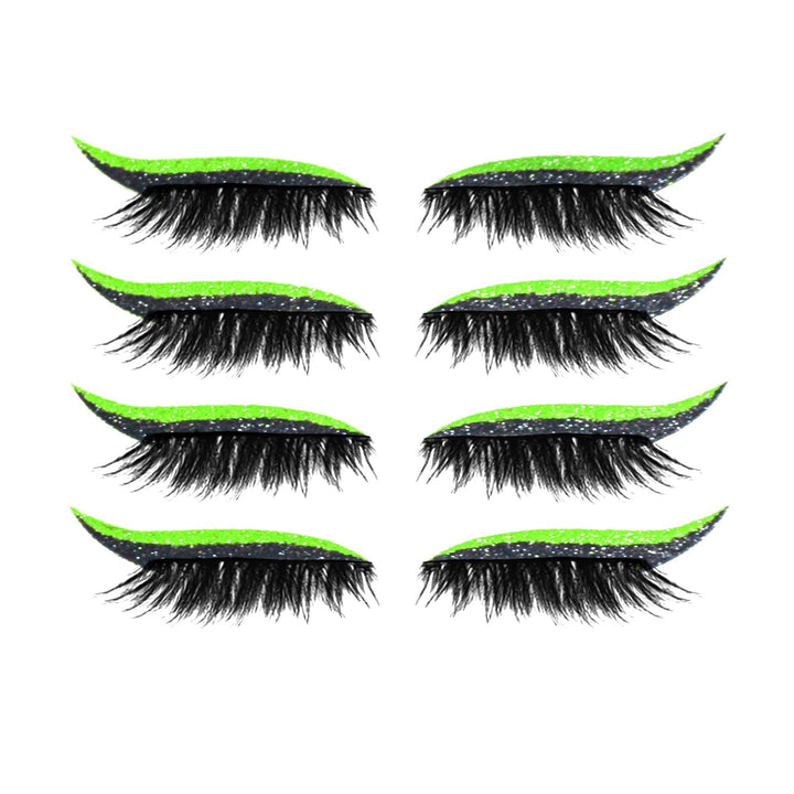 Moniväriset eyeliner- ja ripsitarrat aseteltuina kauniisti. Näyttävät, uudelleenkäytettävät, vedenkestävät ja unisex.