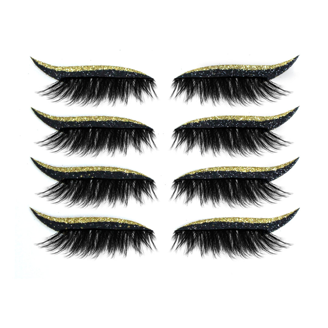 Moniväriset eyeliner- ja ripsitarrat aseteltuina kauniisti. Näyttävät, uudelleenkäytettävät, vedenkestävät ja unisex.