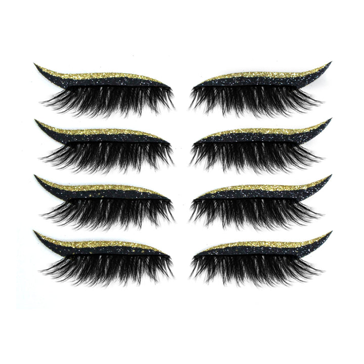 Moniväriset eyeliner- ja ripsitarrat aseteltuina kauniisti. Näyttävät, uudelleenkäytettävät, vedenkestävät ja unisex.