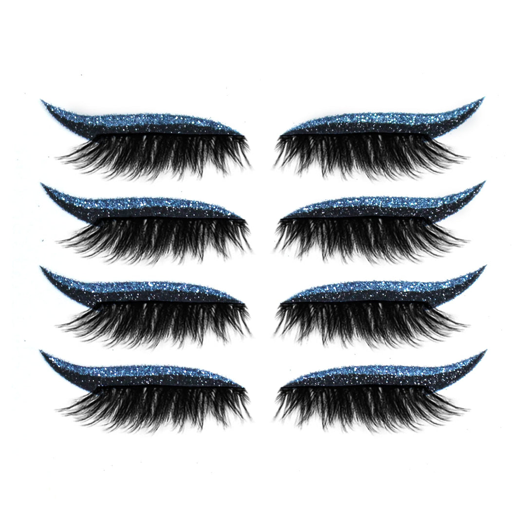 Moniväriset eyeliner- ja ripsitarrat aseteltuina kauniisti. Näyttävät, uudelleenkäytettävät, vedenkestävät ja unisex.