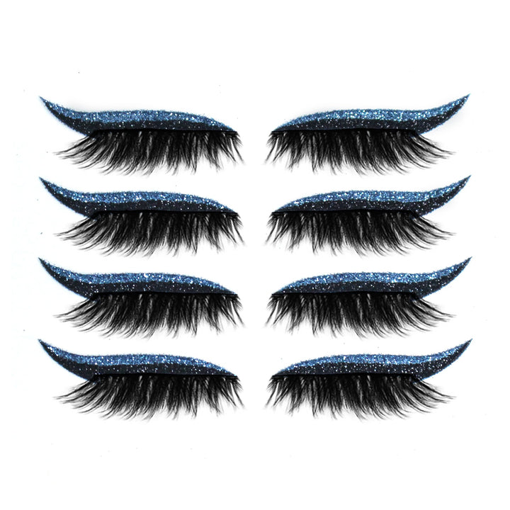 Moniväriset eyeliner- ja ripsitarrat aseteltuina kauniisti. Näyttävät, uudelleenkäytettävät, vedenkestävät ja unisex.