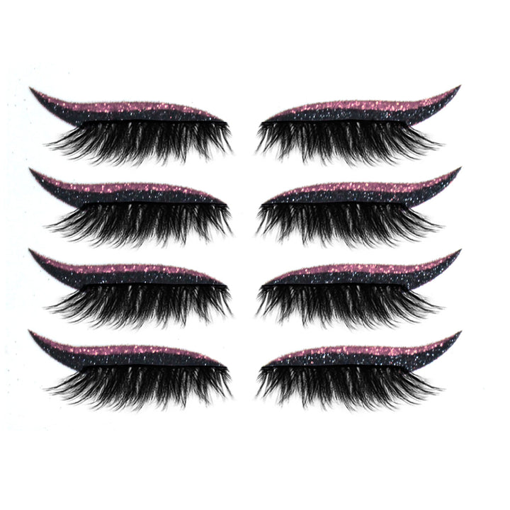 Moniväriset eyeliner- ja ripsitarrat aseteltuina kauniisti. Näyttävät, uudelleenkäytettävät, vedenkestävät ja unisex.