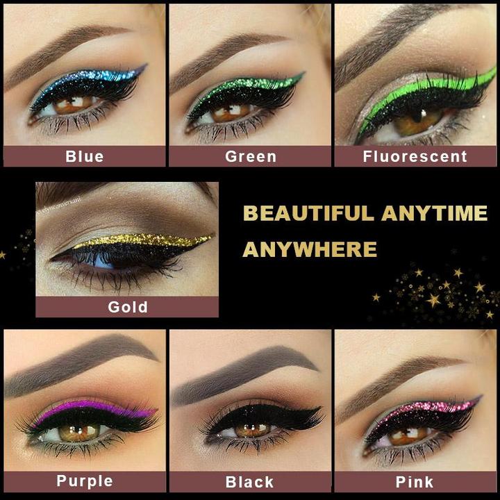 Moniväriset eyeliner- ja ripsitarrat aseteltuina kauniisti. Näyttävät, uudelleenkäytettävät, vedenkestävät ja unisex.
