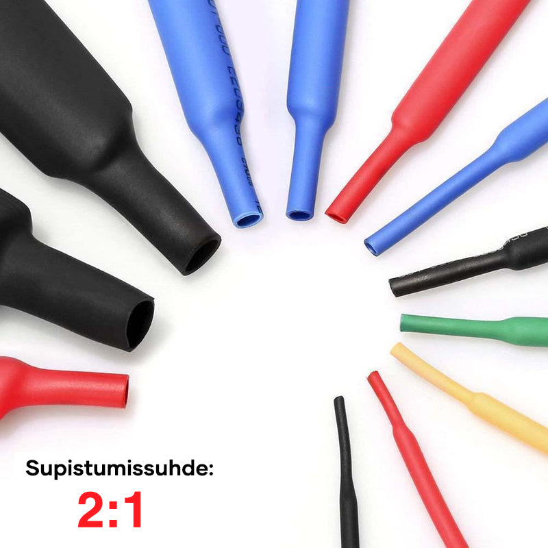Multifarvet krympeslange til USB-kabler, 280 stk., organiseret i opbevaringsboks efter farve.