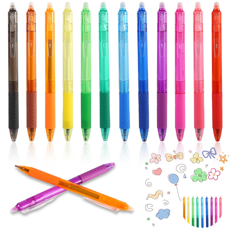 Multifarvede sletbare gel notes penne 12 stk., jævn skrivning, sletbar blæk, levende nuancer, ergonomisk greb.