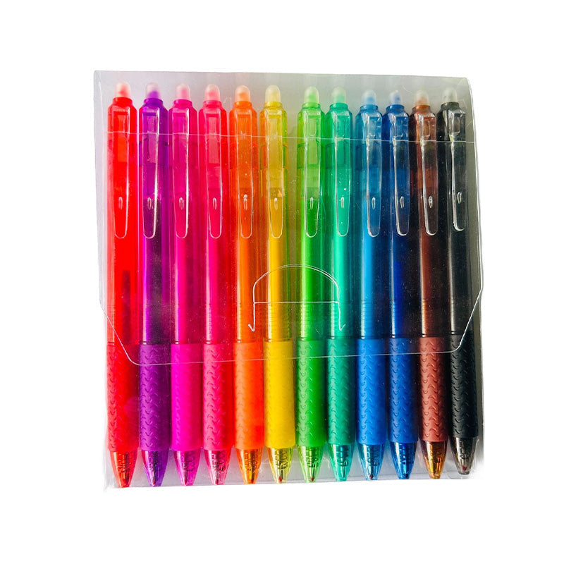 Multifarvede sletbare gel notes penne 12 stk., jævn skrivning, sletbar blæk, levende nuancer, ergonomisk greb.