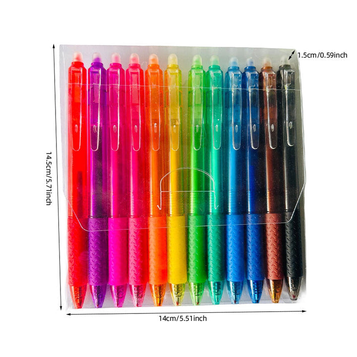 Multifarvede sletbare gel notes penne 12 stk., jævn skrivning, sletbar blæk, levende nuancer, ergonomisk greb.