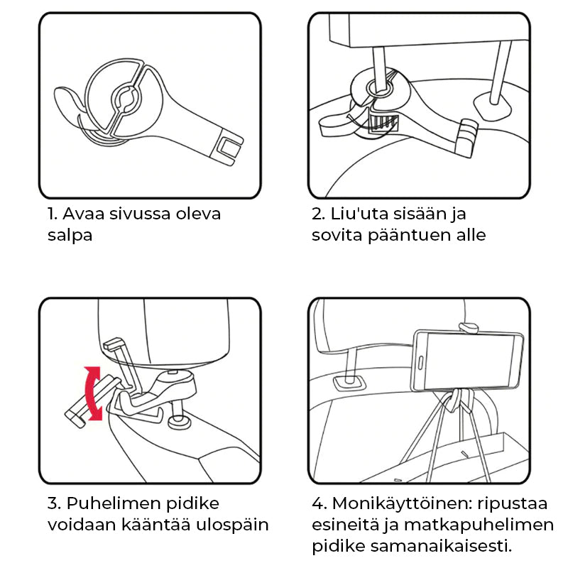 Justerbare ophængningskroge til bilens nakkestøtte, lavet af ABS-plast og silikone, 360 graders rotation, maksimal belastning 10 kg.