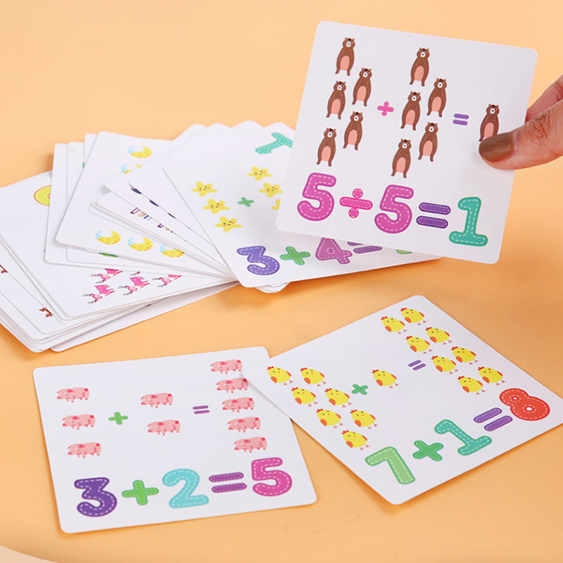 Børns Montessori læringsspil med farverige træperler og kort, der fremmer læring og kreativitet, med trærammer.