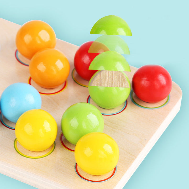 Børns Montessori læringsspil med farverige træperler og kort, der fremmer læring og kreativitet, med trærammer.