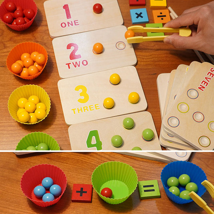 Børns Montessori læringsspil med farverige træperler og kort, der fremmer læring og kreativitet, med trærammer.