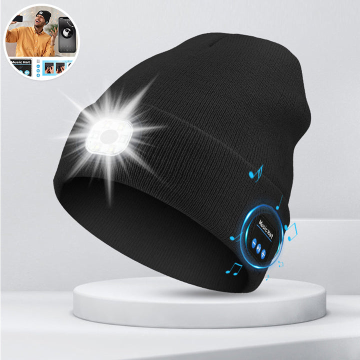 Tilpasningsdygtig LED Bluetooth varm hue, unisex strik, sort, klar LED-lys og indbygget højttaler til musik.