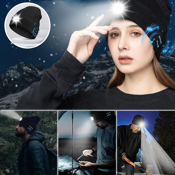 Tilpasningsdygtig LED Bluetooth varm hue, unisex strik, sort, klar LED-lys og indbygget højttaler til musik.