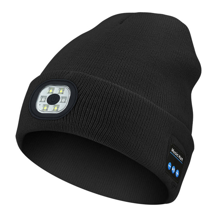 Tilpasningsdygtig LED Bluetooth varm hue, unisex strik, sort, klar LED-lys og indbygget højttaler til musik.