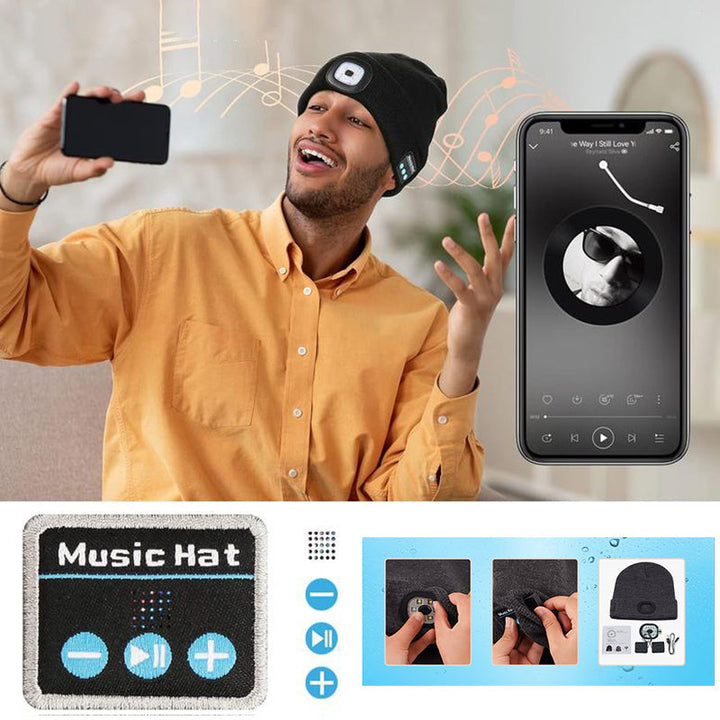 Tilpasningsdygtig LED Bluetooth varm hue, unisex strik, sort, klar LED-lys og indbygget højttaler til musik.