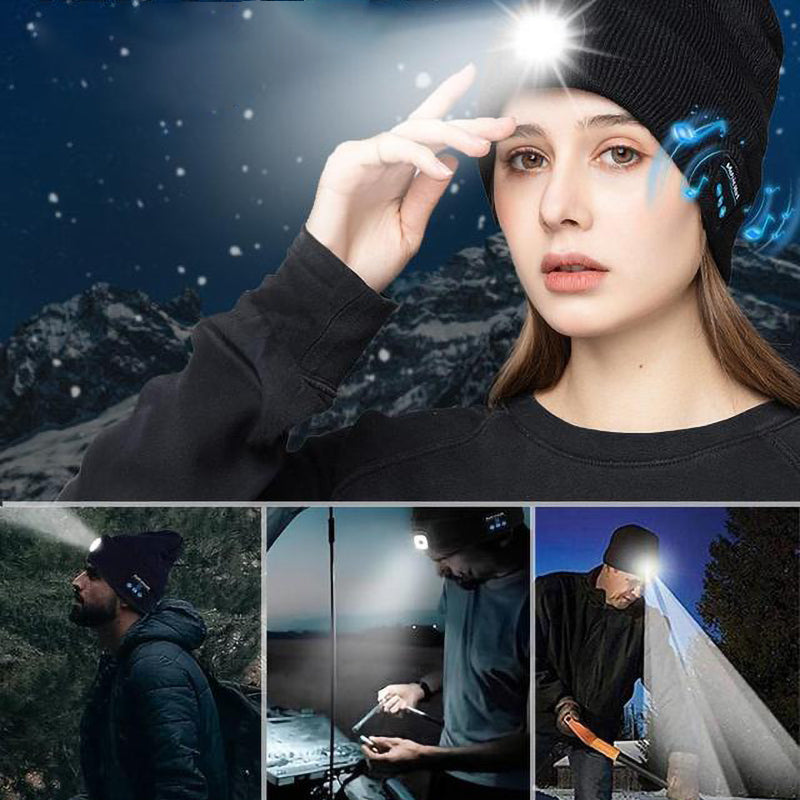 Tilpasningsdygtig LED Bluetooth varm hue, unisex strik, sort, klar LED-lys og indbygget højttaler til musik.