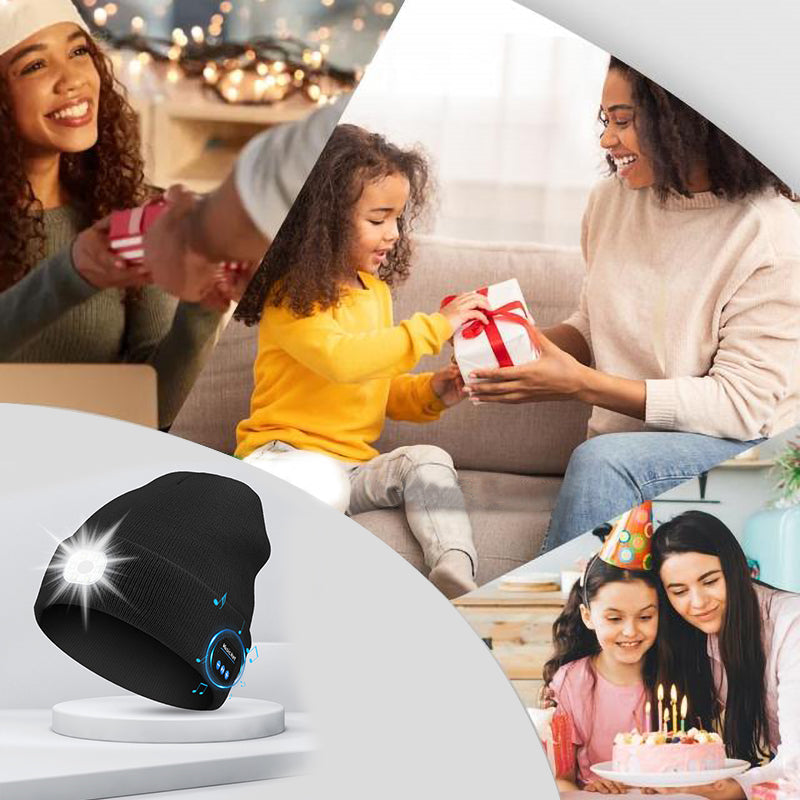 Tilpasningsdygtig LED Bluetooth varm hue, unisex strik, sort, klar LED-lys og indbygget højttaler til musik.