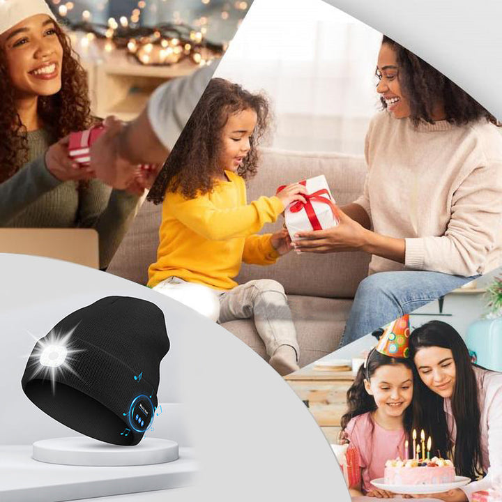 Tilpasningsdygtig LED Bluetooth varm hue, unisex strik, sort, klar LED-lys og indbygget højttaler til musik.