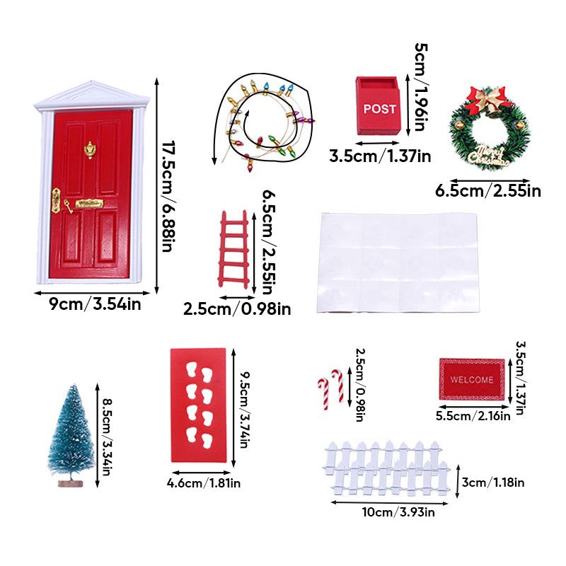 Plastisk håndlavet nissedør, eventyrlig juledekoration, inklusive miniaturetrappe, til indendørs dekoration.