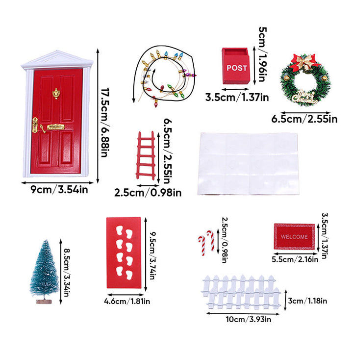 Plastisk håndlavet nissedør, eventyrlig juledekoration, inklusive miniaturetrappe, til indendørs dekoration.