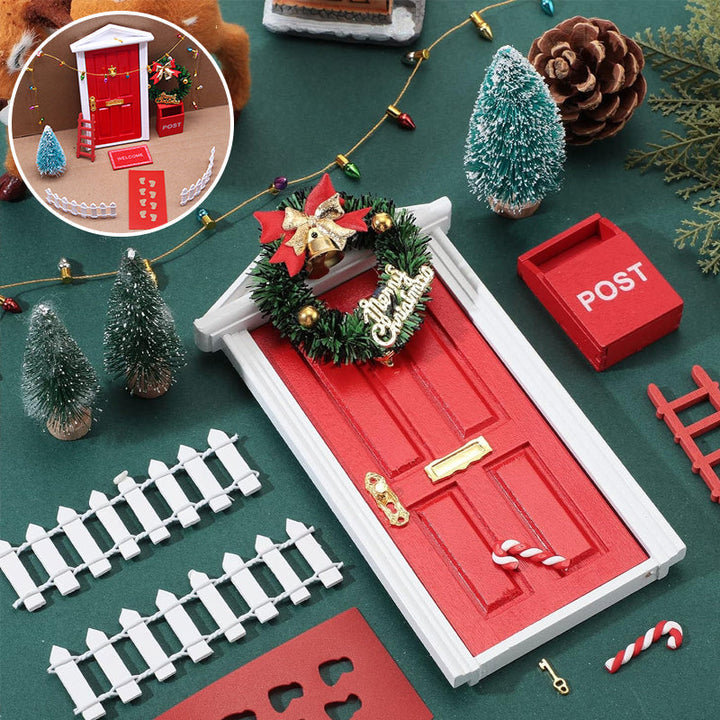 Plastisk håndlavet nissedør, eventyrlig juledekoration, inklusive miniaturetrappe, til indendørs dekoration.